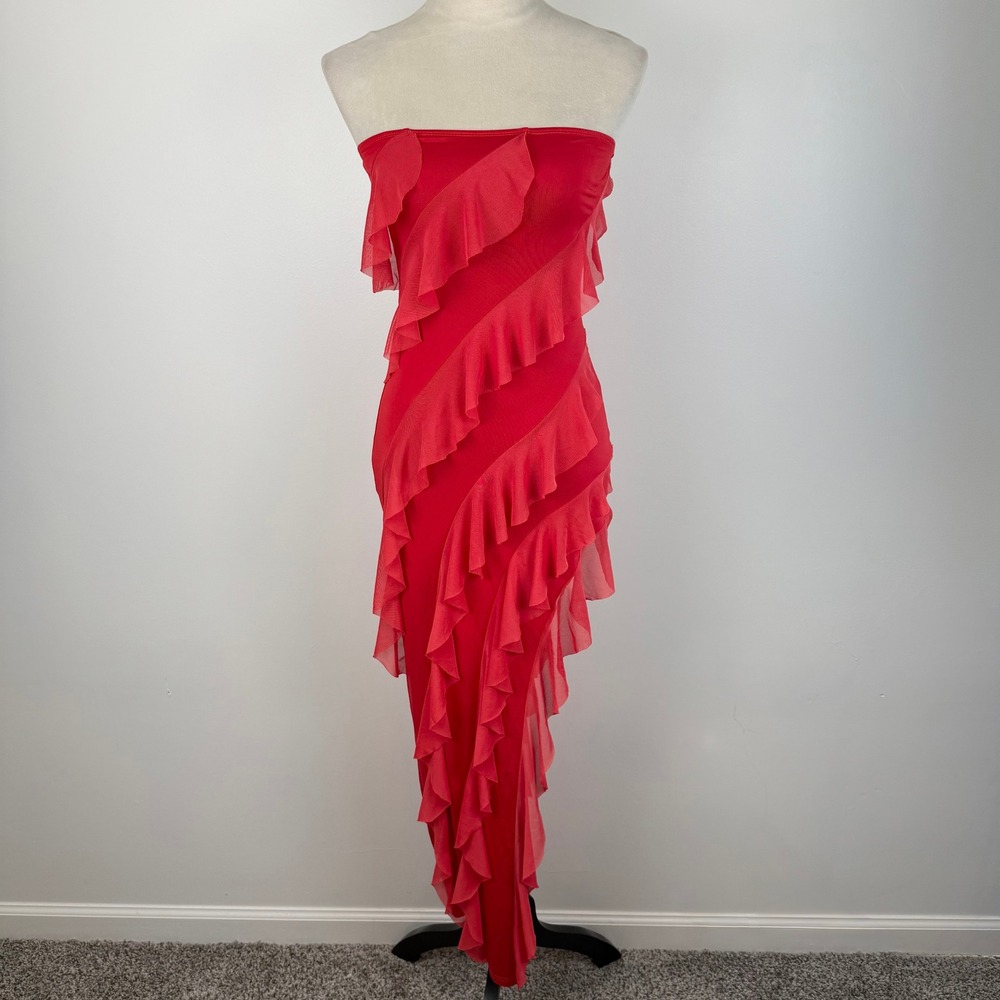 Red‎ Strapless Mesh Ruffle Maxi Tube Dress Asymmetric Cascading High Slit Sz Sm